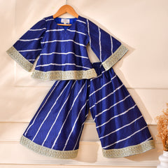 Girls Blue Striped Kurta and Palazzo Set with Lace