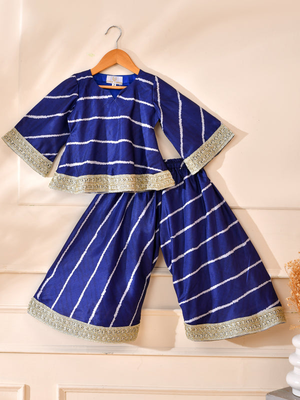 Girls Blue Striped Kurta and Palazzo Set with Lace