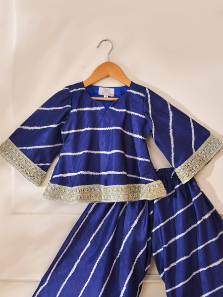 Girls Blue Striped Kurta and Palazzo Set with Lace