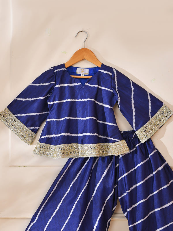 Girls Blue Striped Kurta and Palazzo Set with Lace