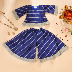 Girls Blue Striped Kurta and Palazzo Set with Lace