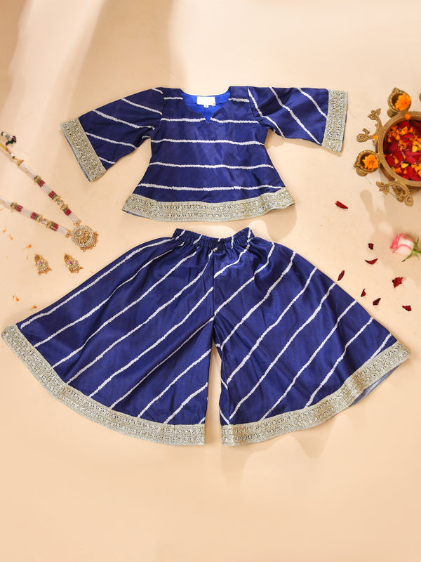 Girls Blue Striped Kurta and Palazzo Set with Lace