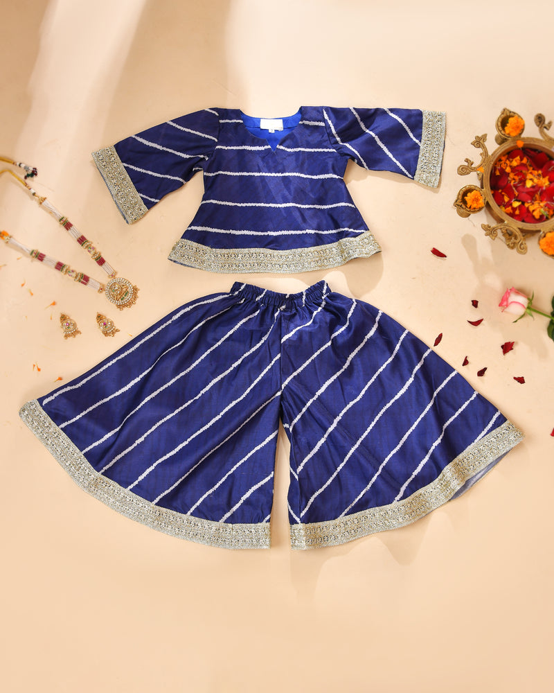 Girls Blue Striped Kurta and Palazzo Set with Lace