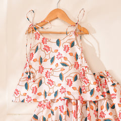 Girls Ivory Lotus Print Lehenga Set with Sleeveless Top