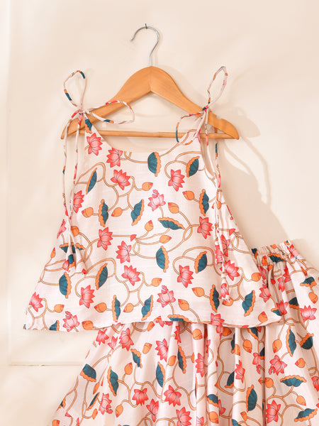 Girls Ivory Lotus Print Lehenga Set with Sleeveless Top