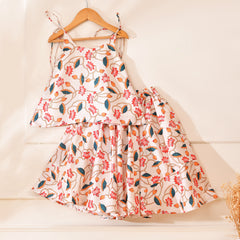 Girls Ivory Lotus Print Lehenga Set with Sleeveless Top