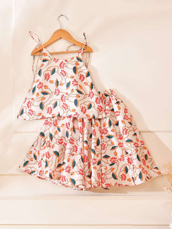Girls Ivory Lotus Print Lehenga Set with Sleeveless Top