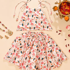 Girls Ivory Lotus Print Lehenga Set with Sleeveless Top