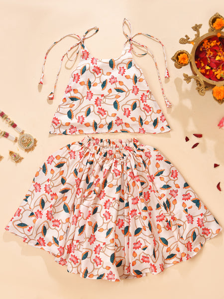 Girls Ivory Lotus Print Lehenga Set with Sleeveless Top