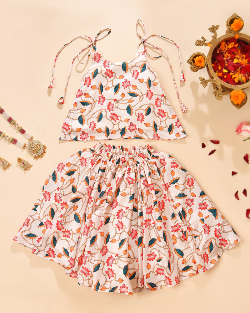 Girls Ivory Lotus Print Lehenga Set with Sleeveless Top