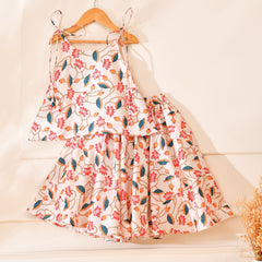 Girls Ivory Lotus Print Lehenga Set with Sleeveless Top