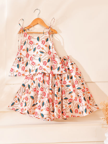Girls Ivory Lotus Print Lehenga Set with Sleeveless Top