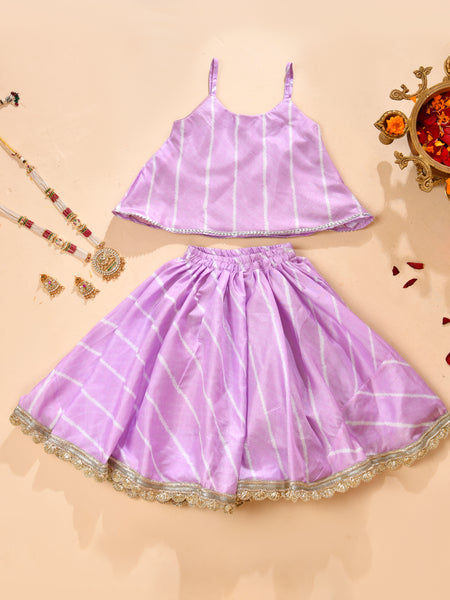 Girls Lavender Striped Lehenga Set with Silver Lace