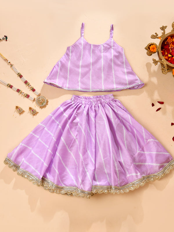 Girls Lavender Striped Lehenga Set with Silver Lace