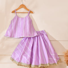 Girls Lavender Striped Lehenga Set with Silver Lace