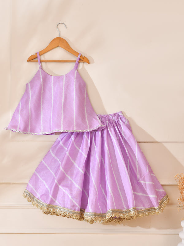 Girls Lavender Striped Lehenga Set with Silver Lace