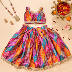 Girls Multicolour Bandhani Print Lehenga Set