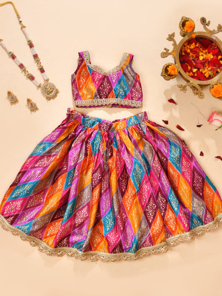 Girls Multicolour Bandhani Print Lehenga Set