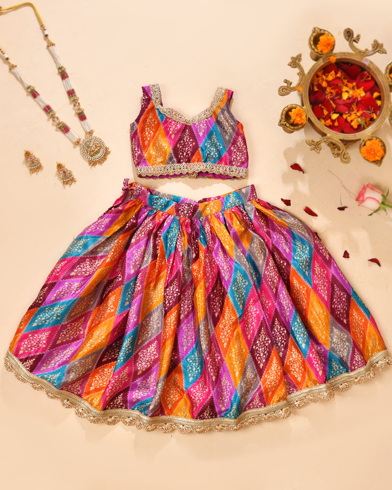 Girls Multicolour Bandhani Print Lehenga Set