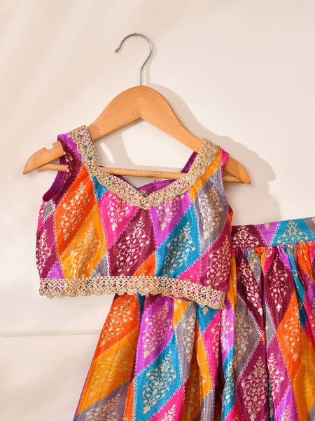 Girls Multicolour Bandhani Print Lehenga Set