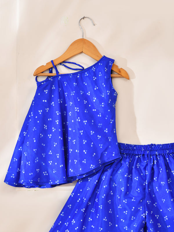 Girls Blue Bandhani Off Shoulder Top and Palazzo Set