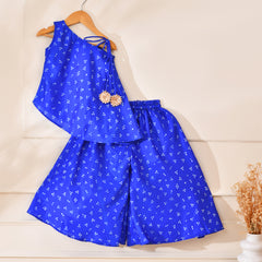 Girls Blue Bandhani Off Shoulder Top and Palazzo Set