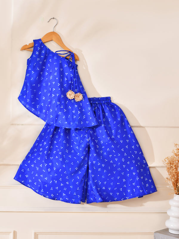 Girls Blue Bandhani Off Shoulder Top and Palazzo Set