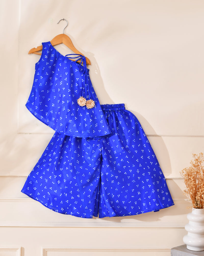 Girls Blue Bandhani Off Shoulder Top and Palazzo Set