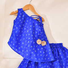 Girls Blue Bandhani Off Shoulder Top and Palazzo Set