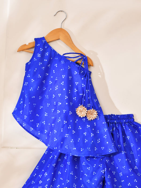 Girls Blue Bandhani Off Shoulder Top and Palazzo Set
