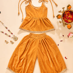 Girls Amber Gold Velvet Peplum Top and Palazzo Set