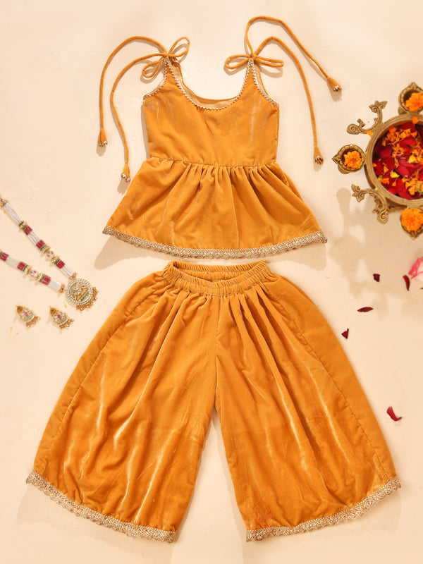 Girls Amber Gold Velvet Peplum Top and Palazzo Set