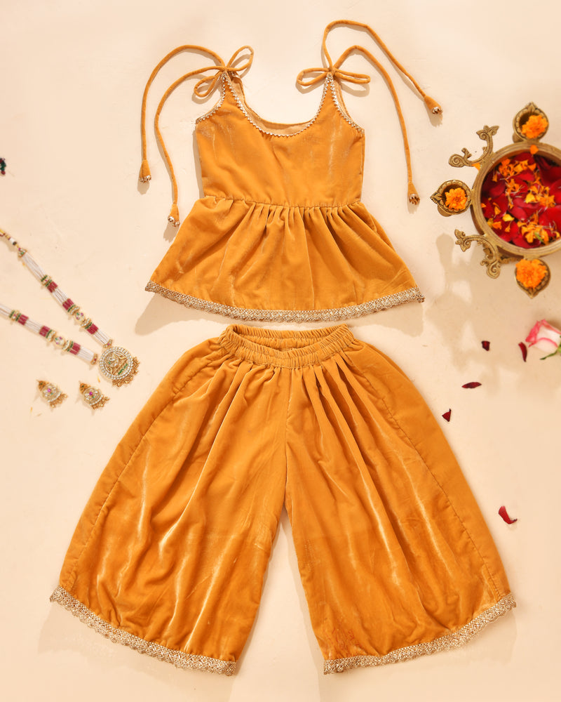 Girls Amber Gold Velvet Peplum Top and Palazzo Set