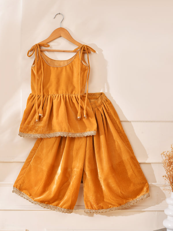 Girls Amber Gold Velvet Peplum Top and Palazzo Set