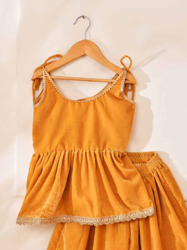 Girls Amber Gold Velvet Peplum Top and Palazzo Set