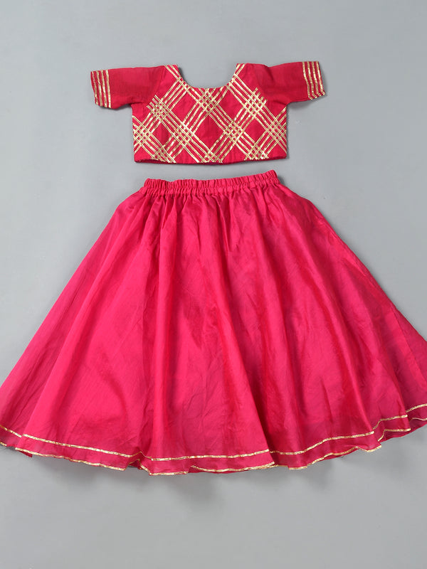 Girls Magenta Chanderi Silk Lehenga Set with Crop Top