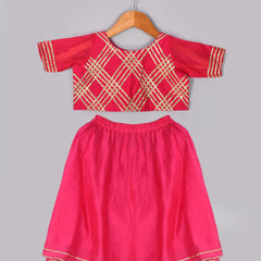 Girls Magenta Chanderi Silk Lehenga Set with Crop Top