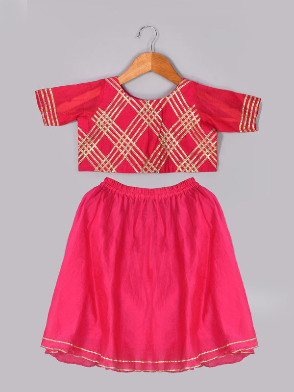 Girls Magenta Chanderi Silk Lehenga Set with Crop Top