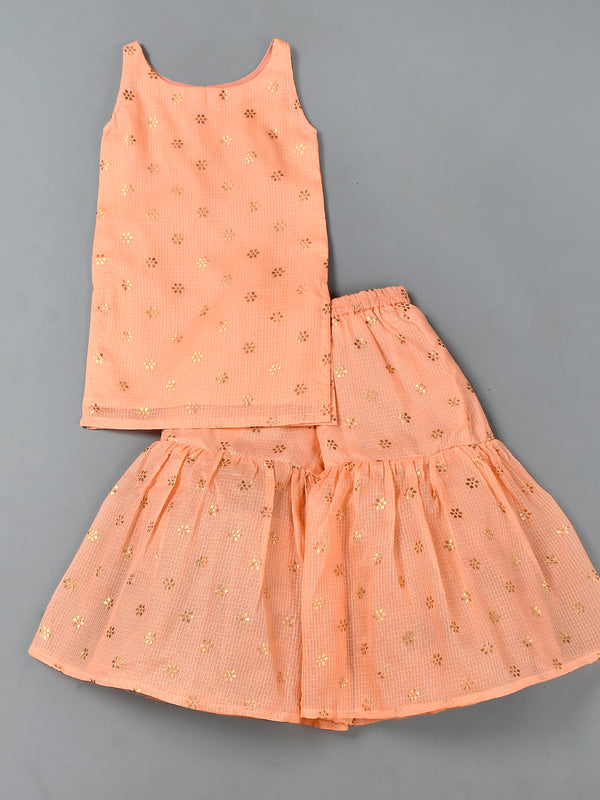 Girls Peach Kota Doriya Kurta and Sharara Set