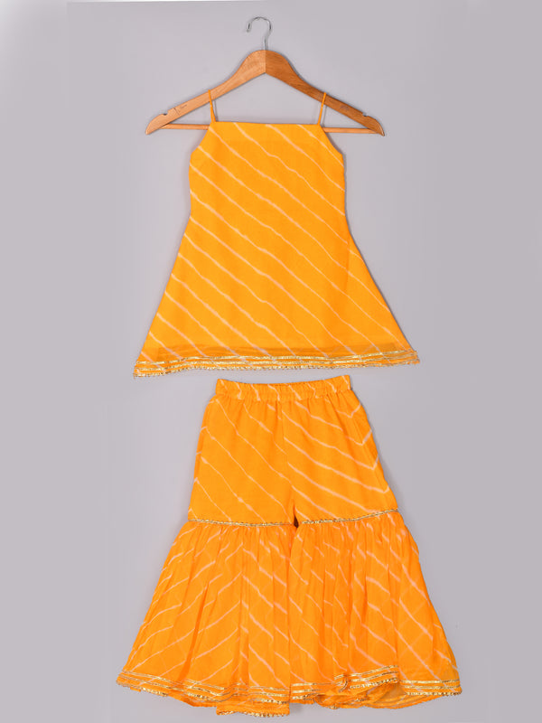 Girls Yellow Leheriya Kurta Sharara Set with Dupatta