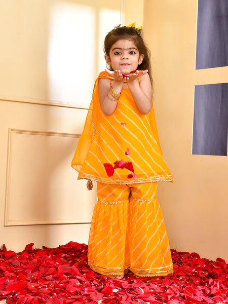 Girls Yellow Leheriya Kurta Sharara Set with Dupatta