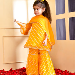 Girls Yellow Leheriya Kurta Sharara Set with Dupatta