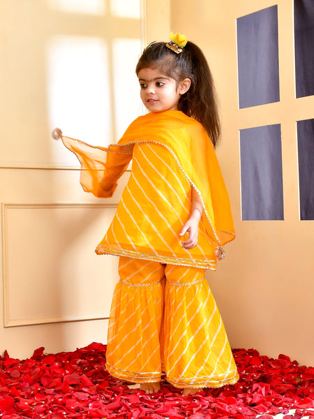 Girls Yellow Leheriya Kurta Sharara Set with Dupatta