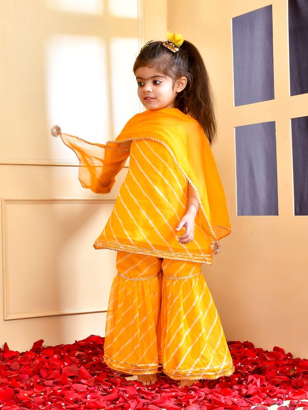 Girls Yellow Leheriya Kurta Sharara Set with Dupatta