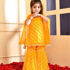 Girls Yellow Leheriya Kurta Sharara Set with Dupatta