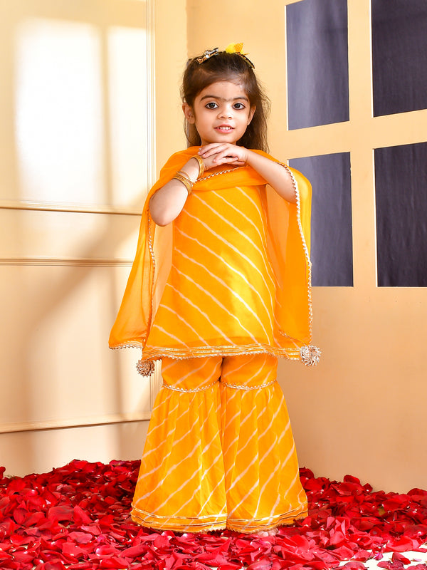 Girls Yellow Leheriya Kurta Sharara Set with Dupatta