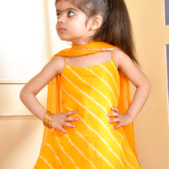 Girls Yellow Leheriya Kurta Sharara Set with Dupatta
