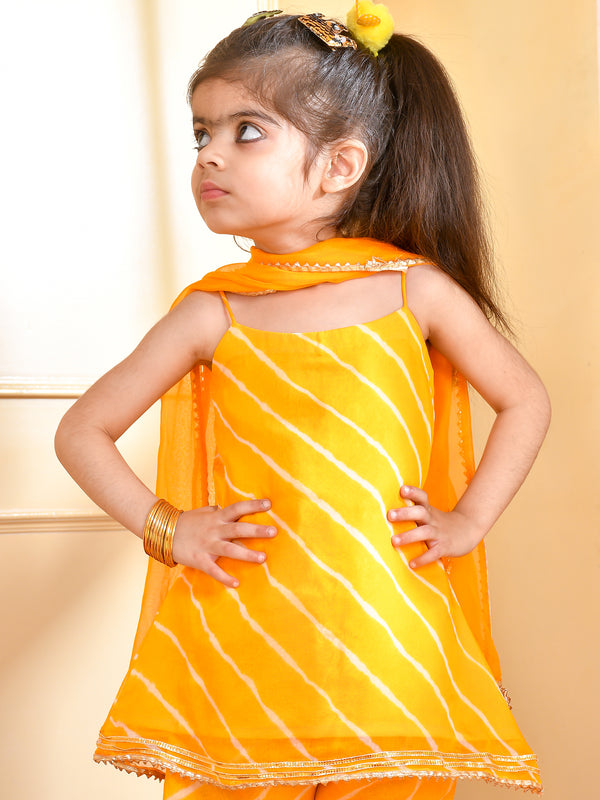 Girls Yellow Leheriya Kurta Sharara Set with Dupatta