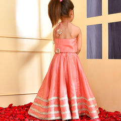 Girls Peach Silk Embroidered Lehenga Set