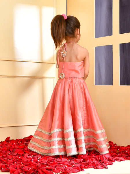 Girls Peach Silk Embroidered Lehenga Set